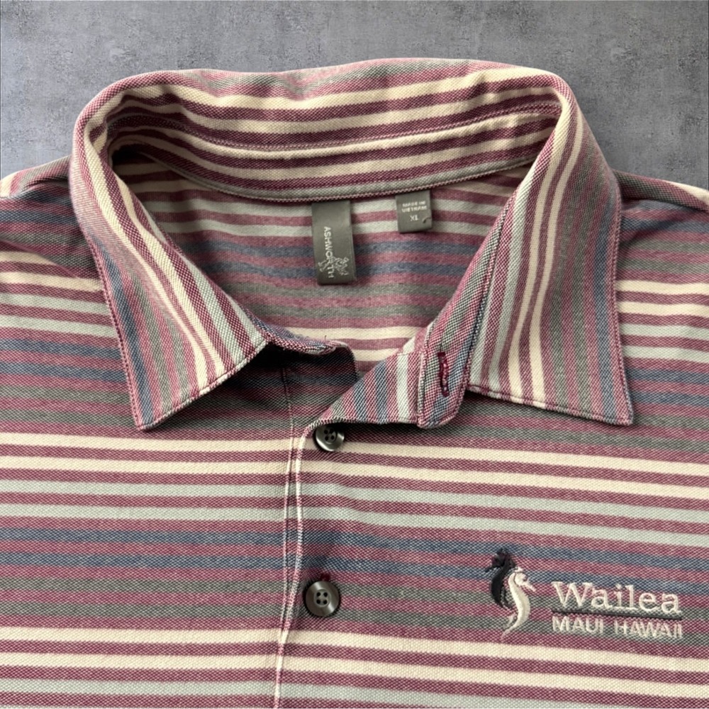 Ashworth Polo Shirt Men's XL Purple Striped Wailea Maui Hawaii Golf Performance